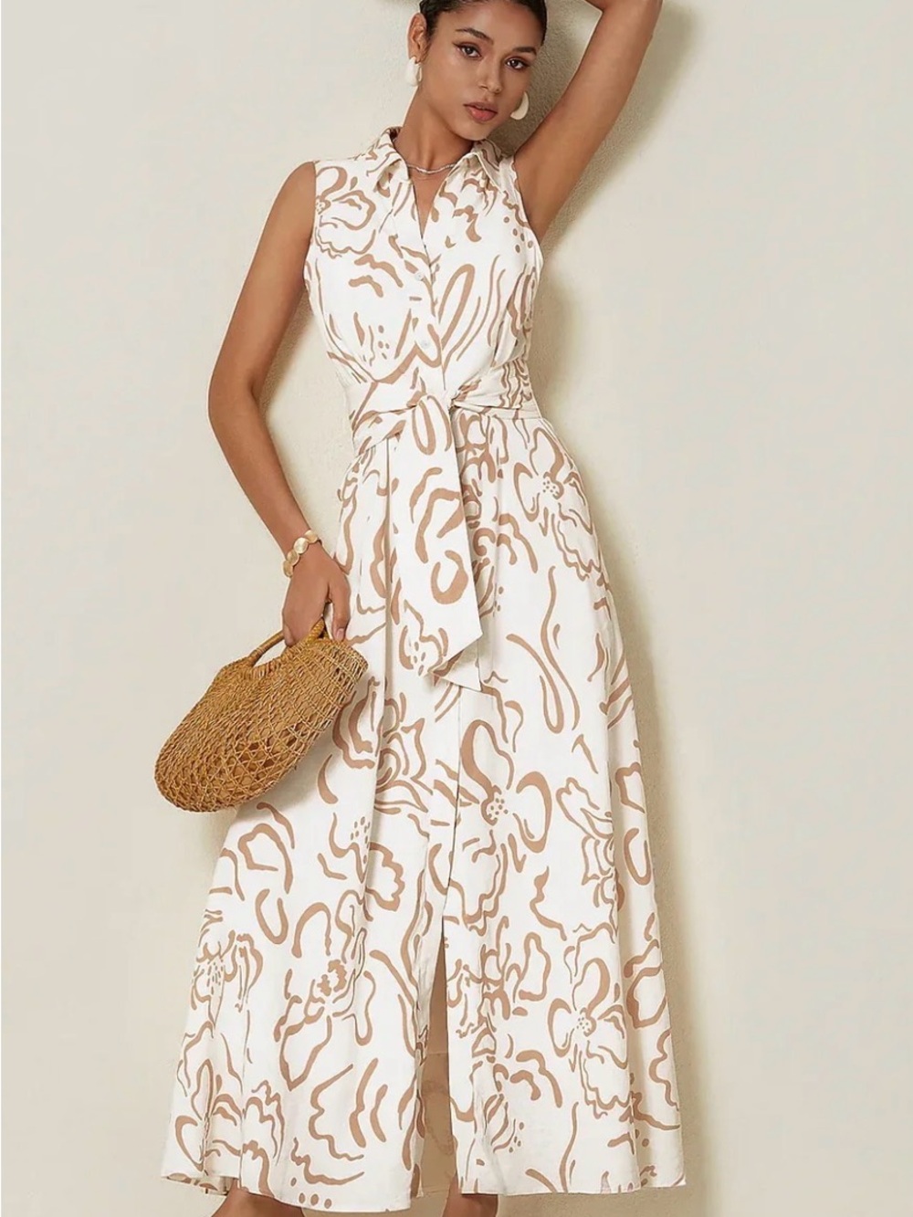 Collared Tie-Waist Sleeveless Maxi Dress in White & Beige Floral Print